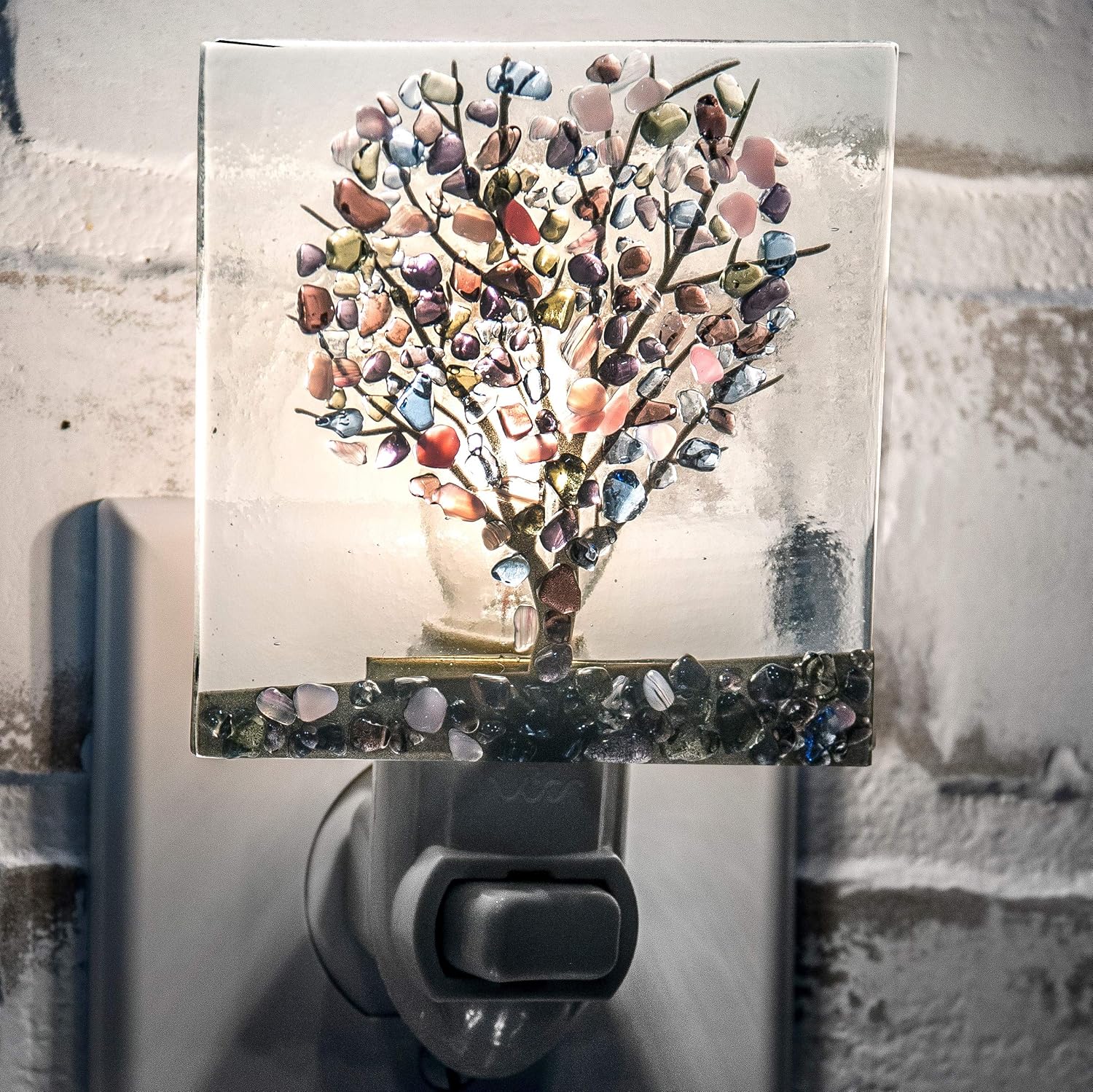 J Devlin Glass Art Stained Glass Tree Night Light – Fused Glass Chip Plug in Nightlight with Purple, Green & Blue Glass – Handmade…