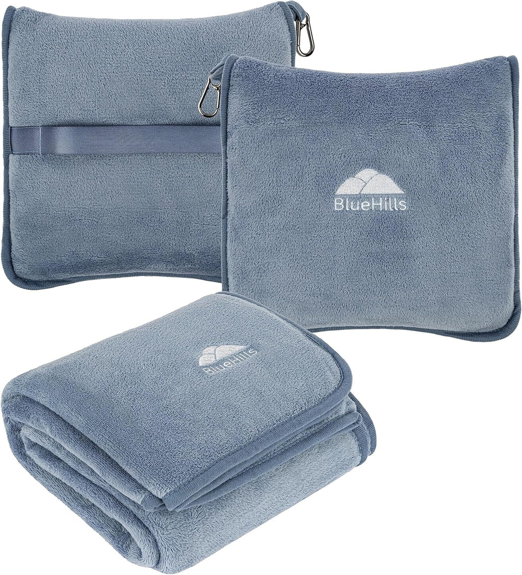 BlueHills Premium Soft Plush Travel Blanket Pillow for Airplane Traveling Essentials in a Bag Flight Throw with Hand Luggage Belt…