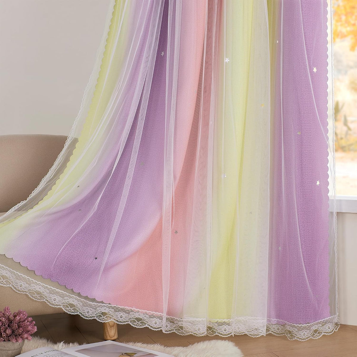 72"L x 34"W polyester curtains in Pink Purple Yellow, alternate view 4