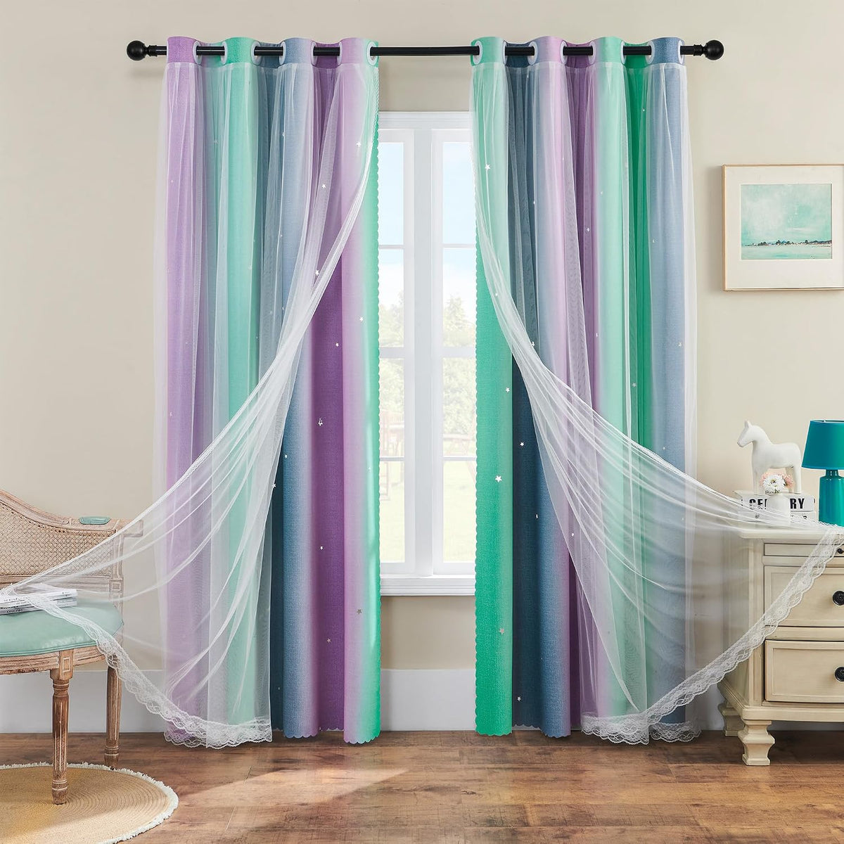 72"L x 52"W polyester curtains in Purple Green Grey