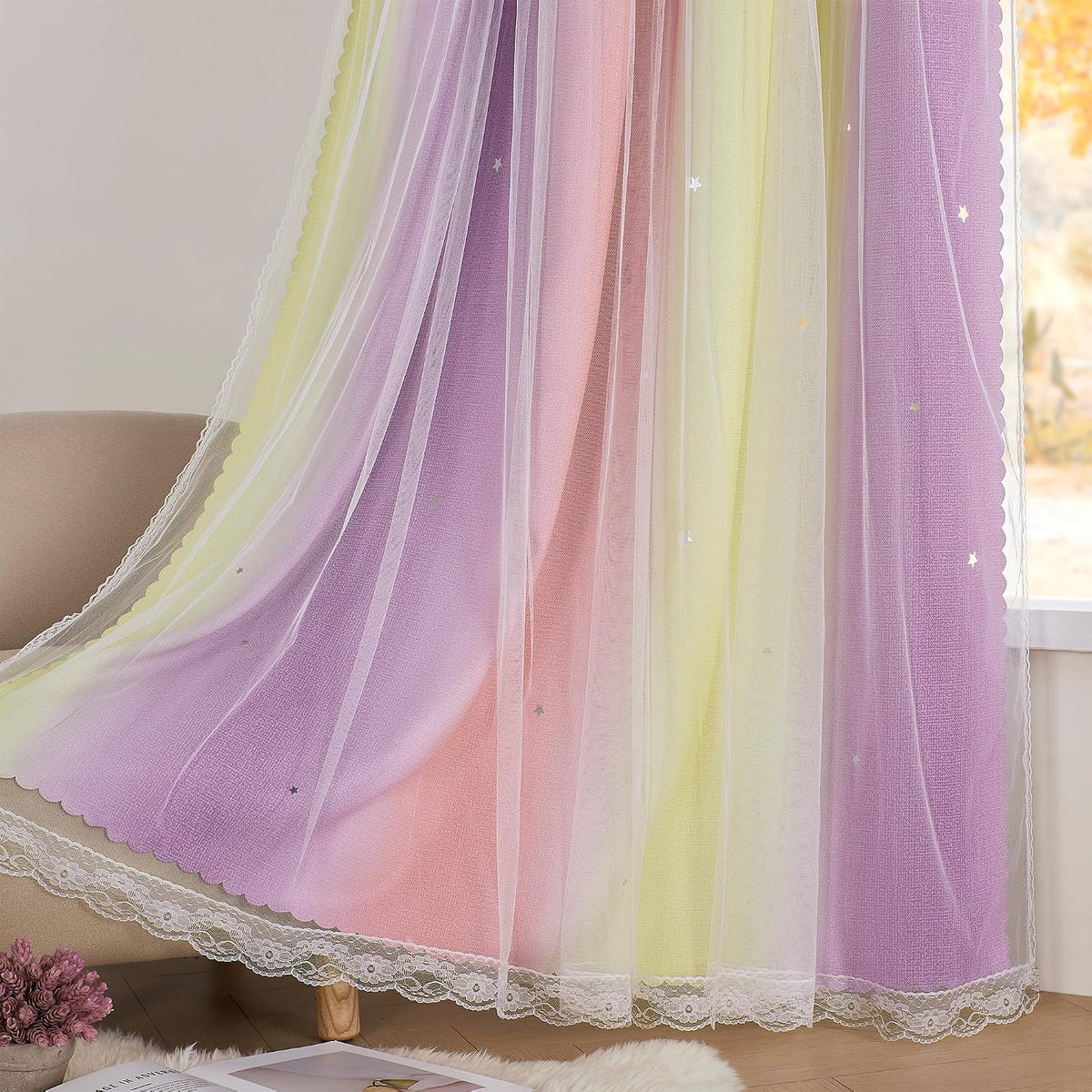 84"L x 34"W polyester curtains in Pink Purple Yellow, alternate view 4