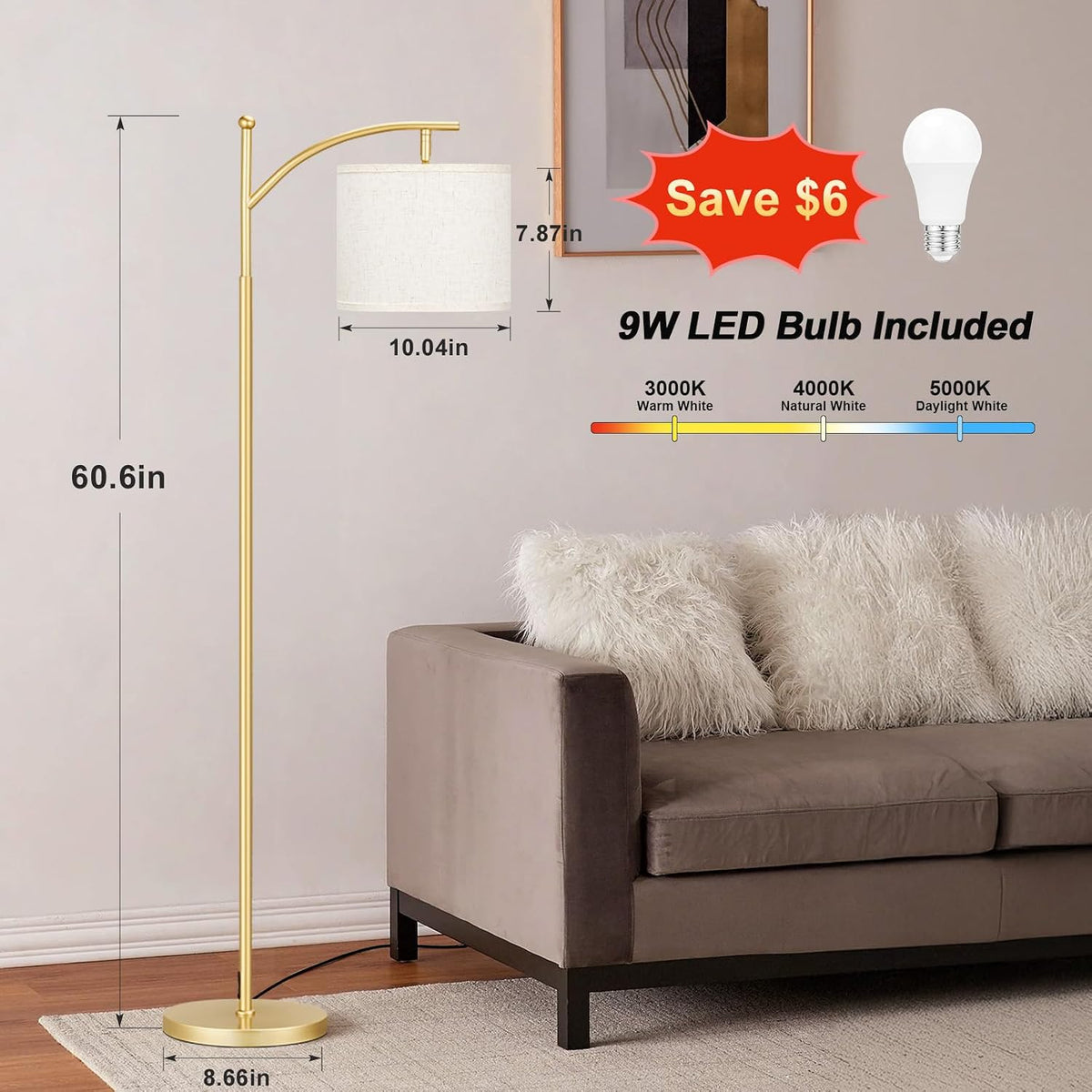 10.04"D x 8.66"W x 60.63"H metal floor lamps, alternate view 2