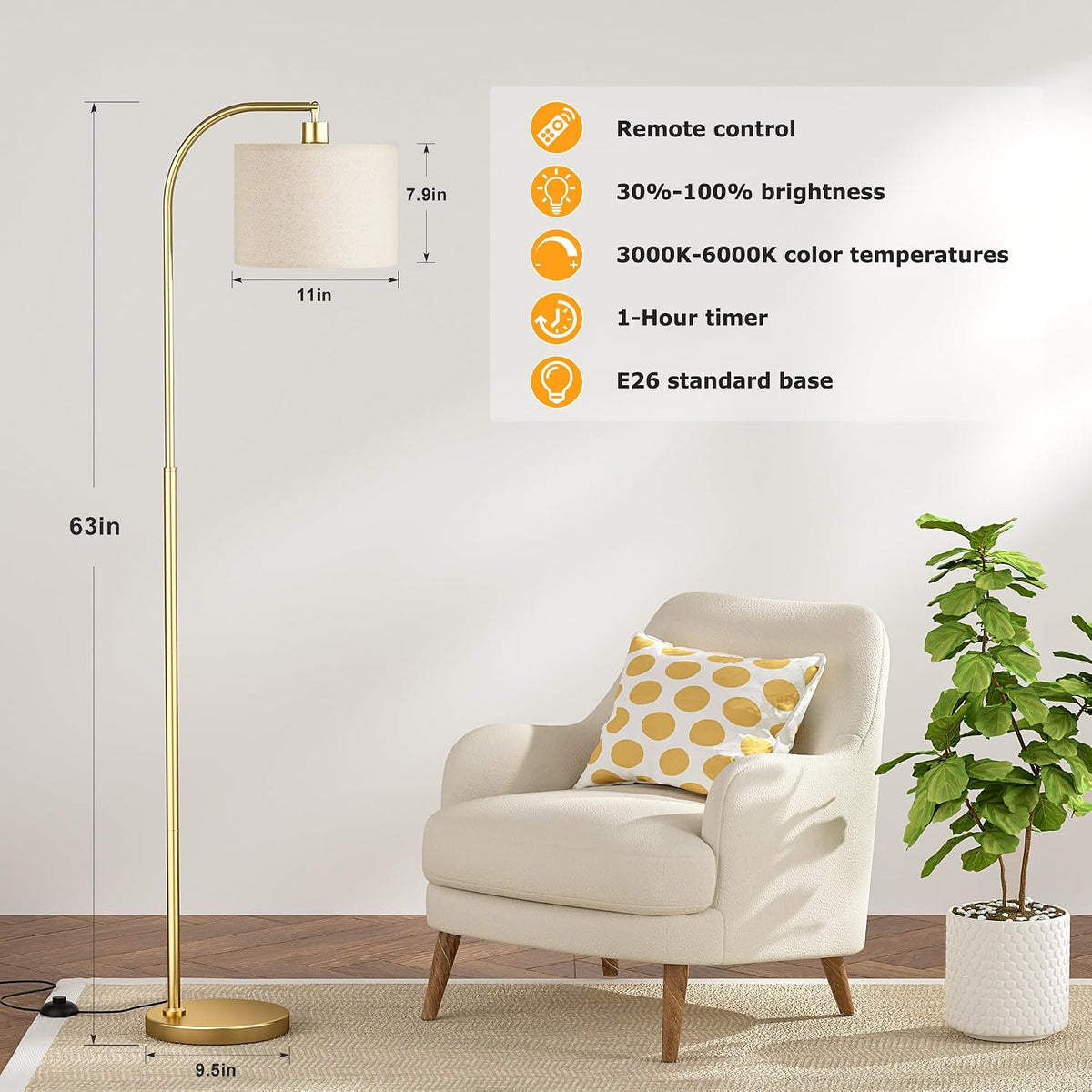 11"D x 9.44"W x 63"H metal floor lamps, alternate view 4