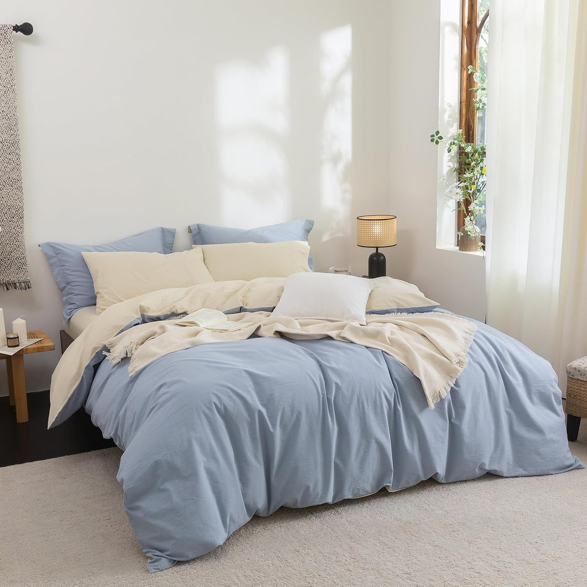 Full (90"x80") cotton duvet covers in Cornflower Blue+almond Milk Grey(no Comforter), alternate view 8