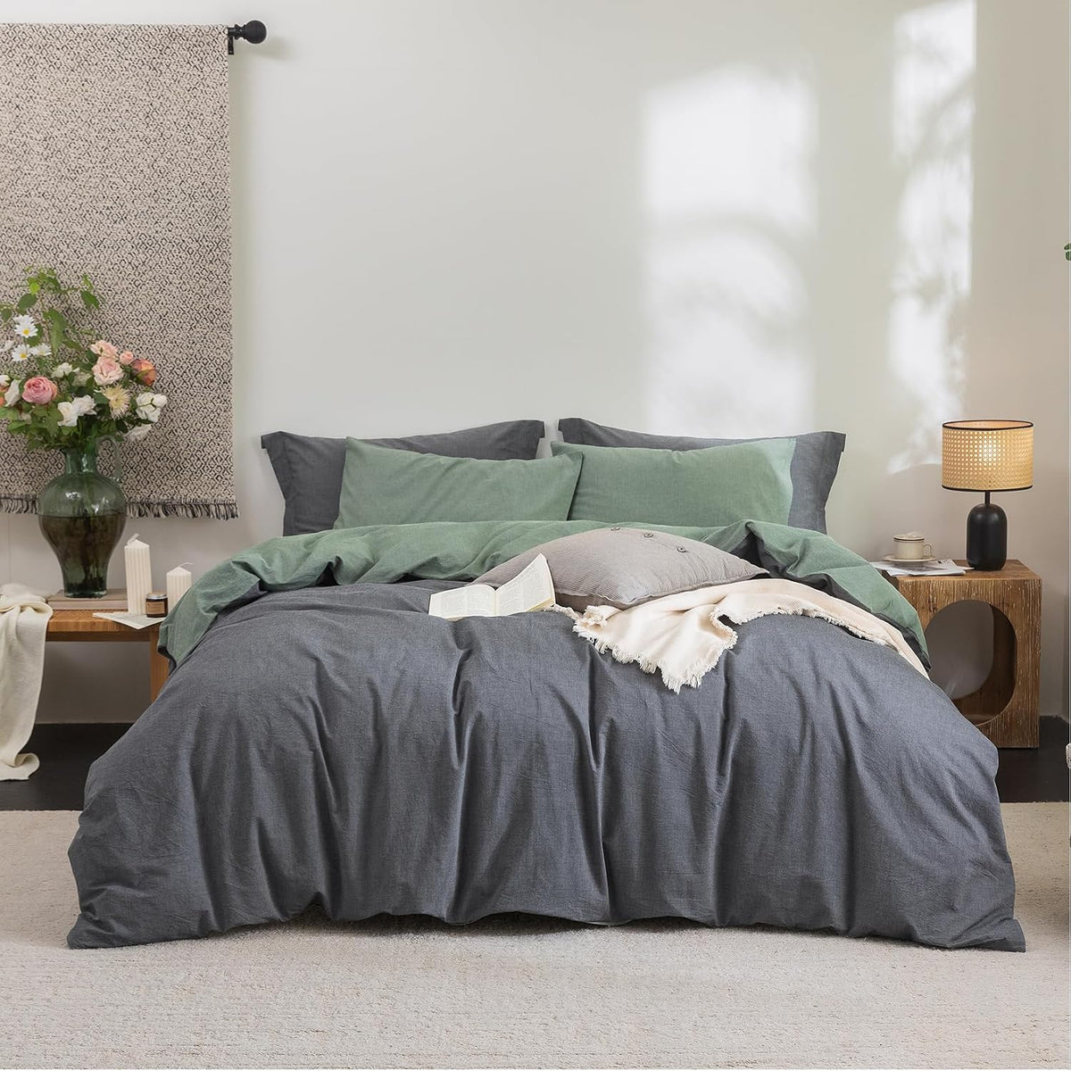 Queen (90"x90") cotton duvet covers in Heathered Green+deep Grey(no Comforter), alternate view 7