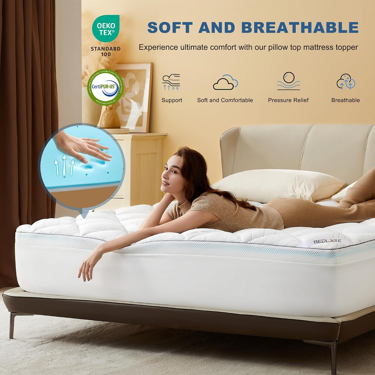 Queen memory foam mattress toppers in White, alternate view 4
