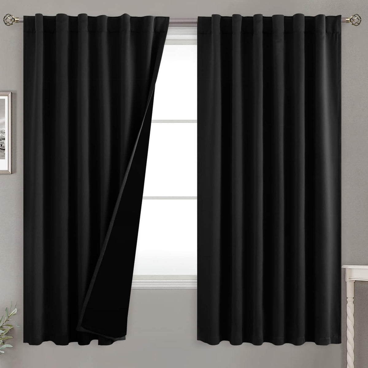63"L x 52"W fabric curtains in Black