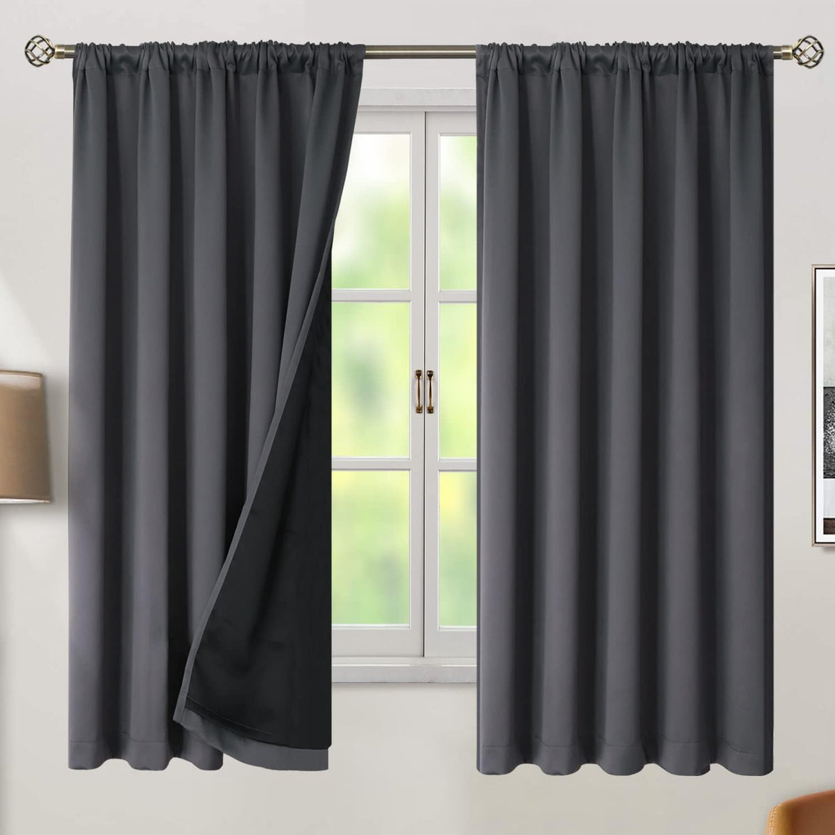 63"L x 52"W fabric curtains in Dark Grey, alternate view 2