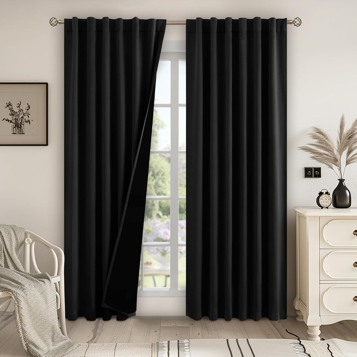 80"L x 52"W fabric curtains in Black