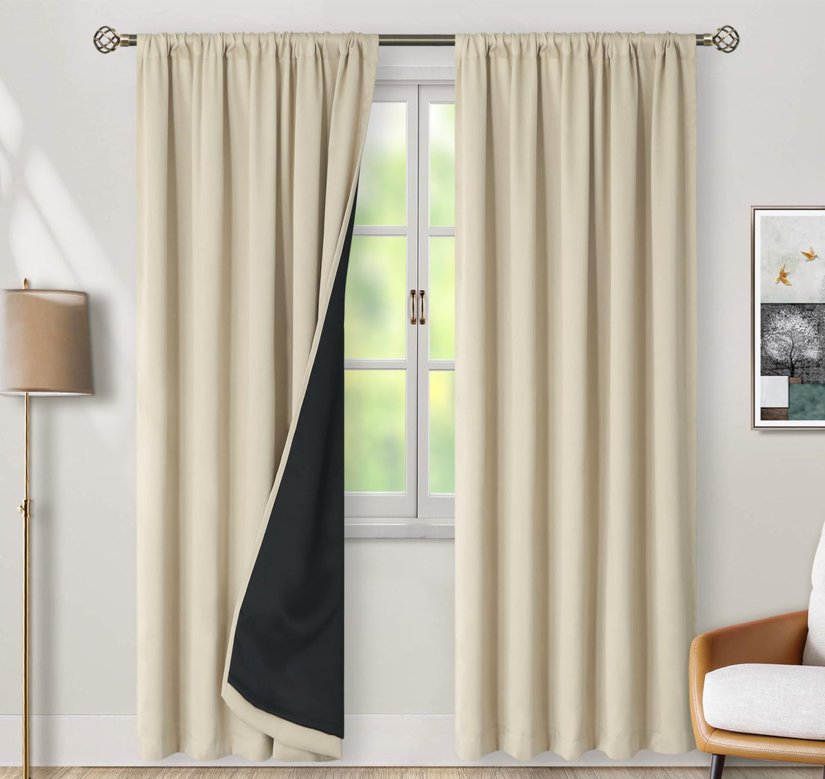 90"L x 52"W fabric curtains in Beige, alternate view 2