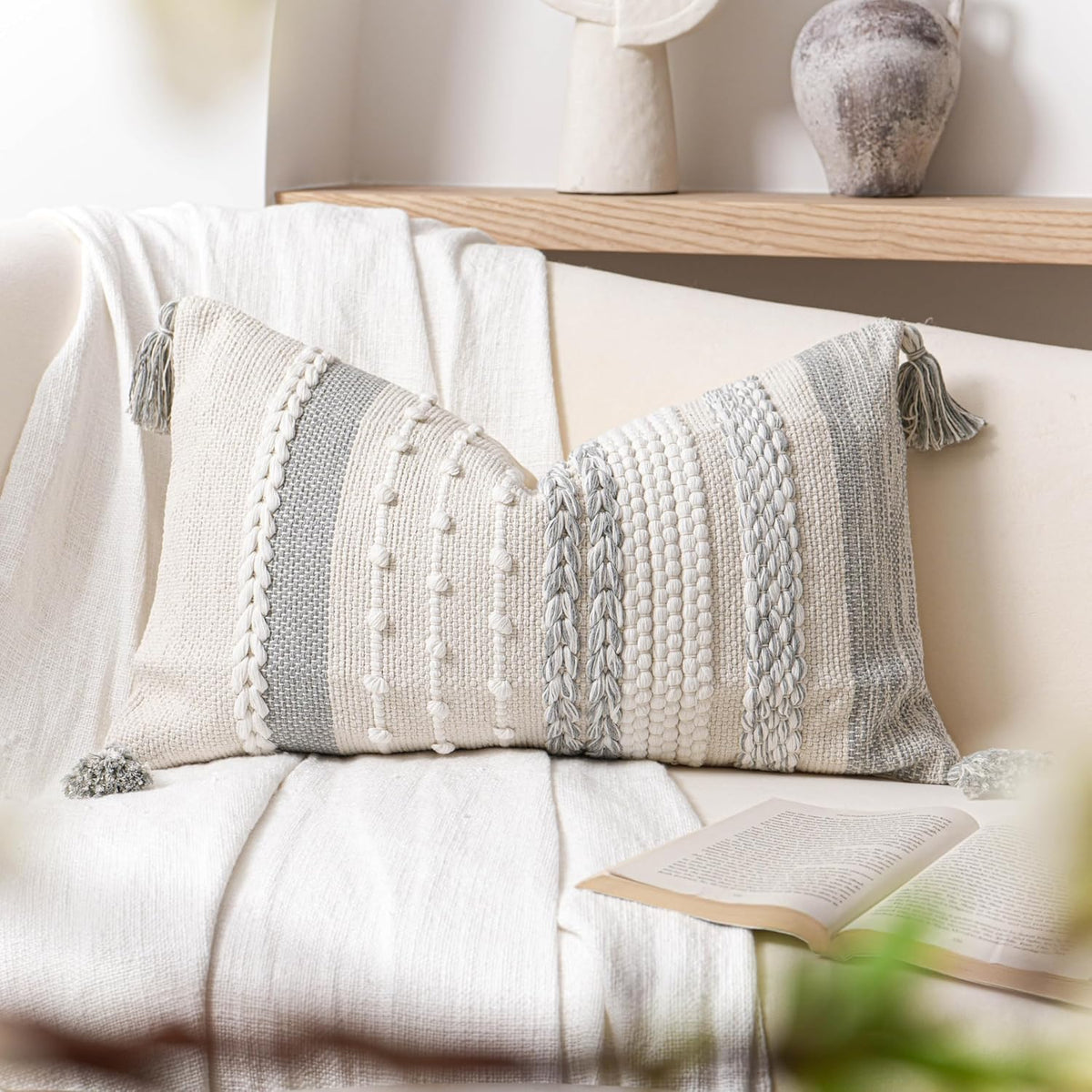 24"L x 14"W cotton throw pillow accessories in Gray White, alternate view 7