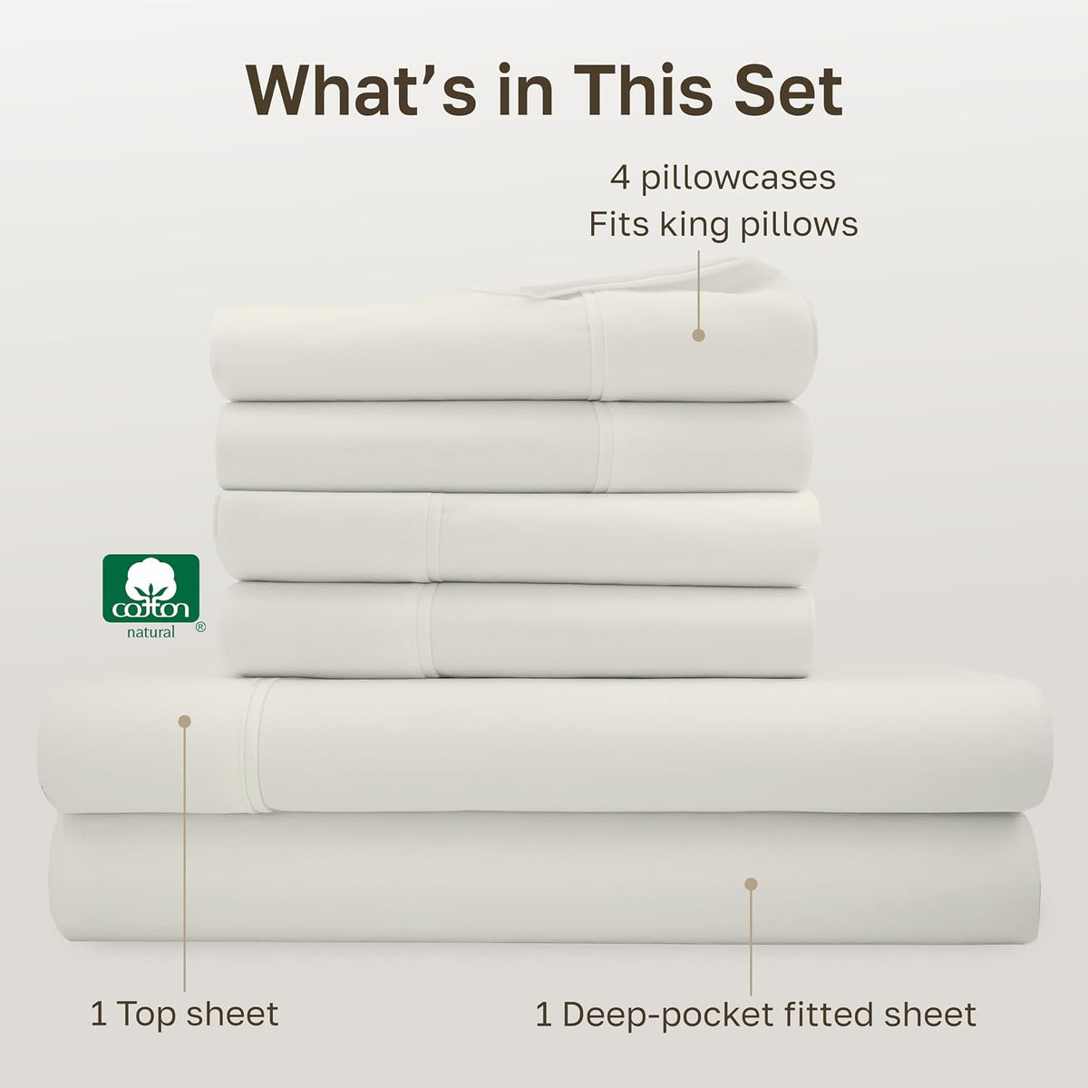 King 6pc with 4-Pillowcases cotton bedding sets in Ivory (Pale Tone), alternate view 4