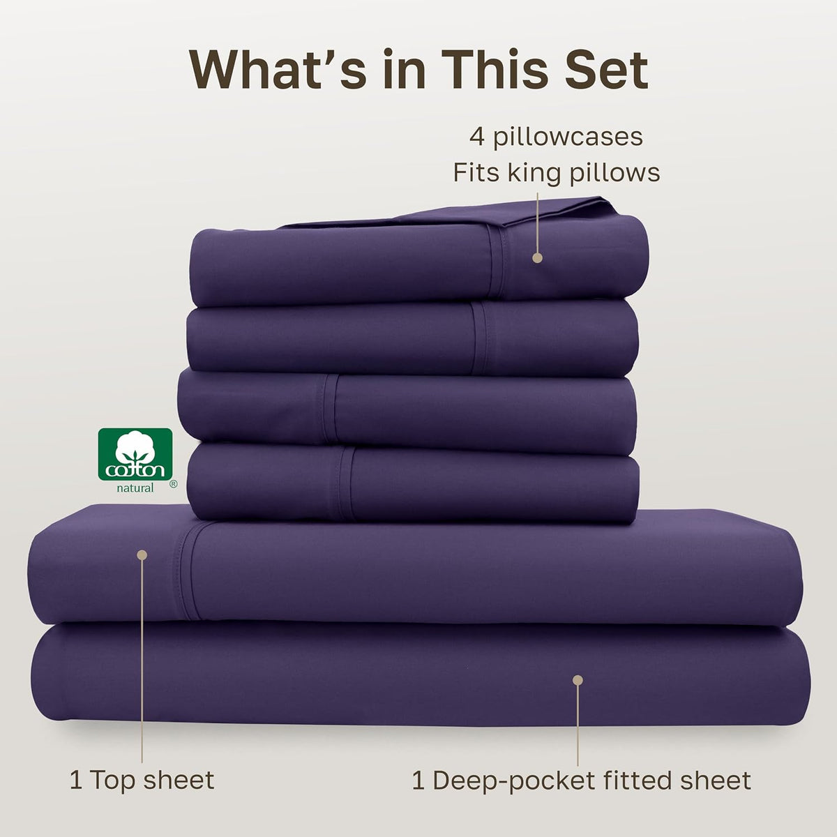 King 6pc with 4-Pillowcases cotton bedding sets in Purple, alternate view 4
