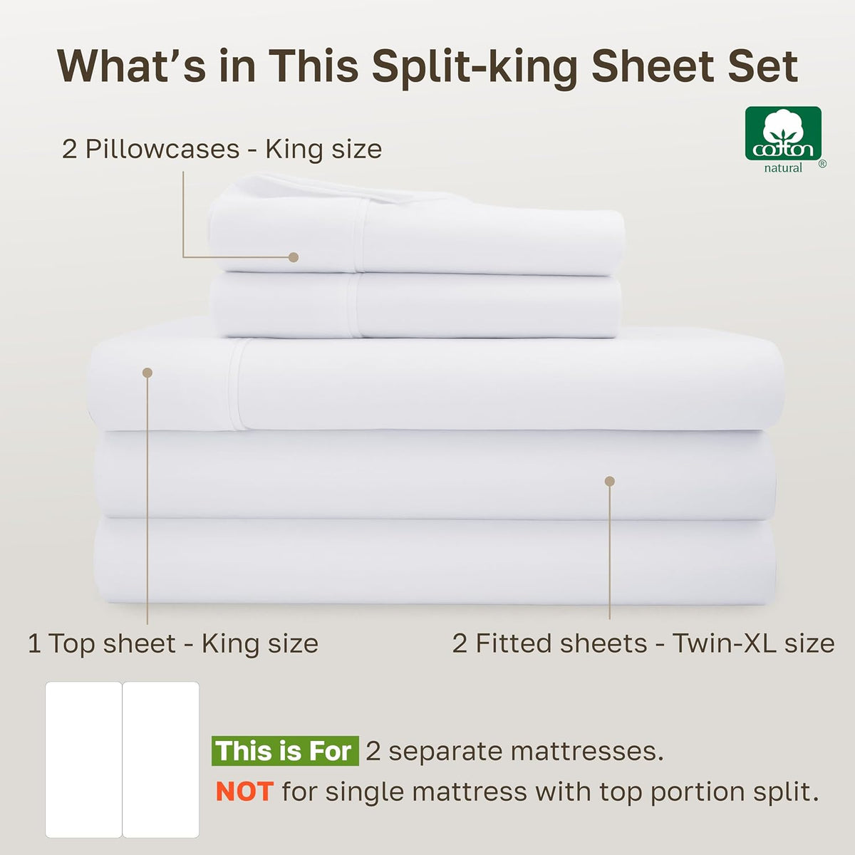 Split-King Size cotton bedding sets in White, alternate view 5