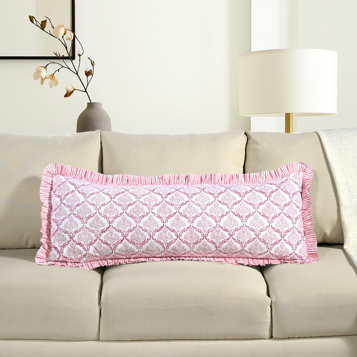 36"L x 14"W cotton throw pillow accessories in Blush Rose