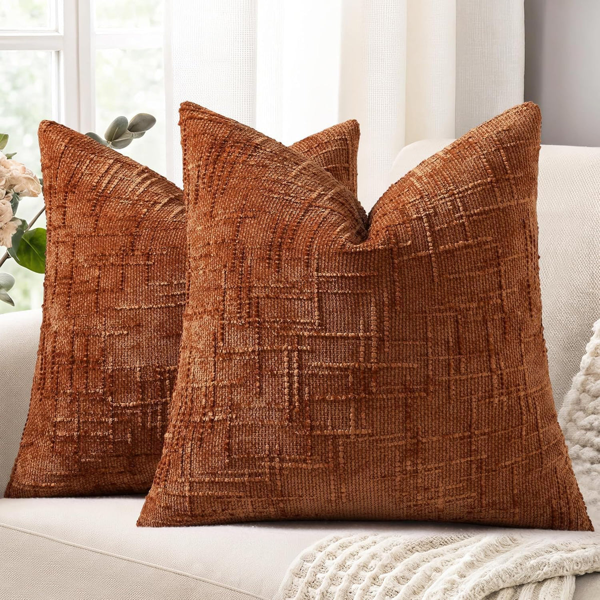 22"L x 22"W chenille throw pillow accessories in Rust