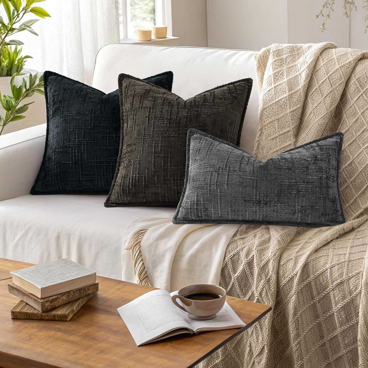 24"L x 24"W chenille throw pillow accessories in Black, alternate view 5