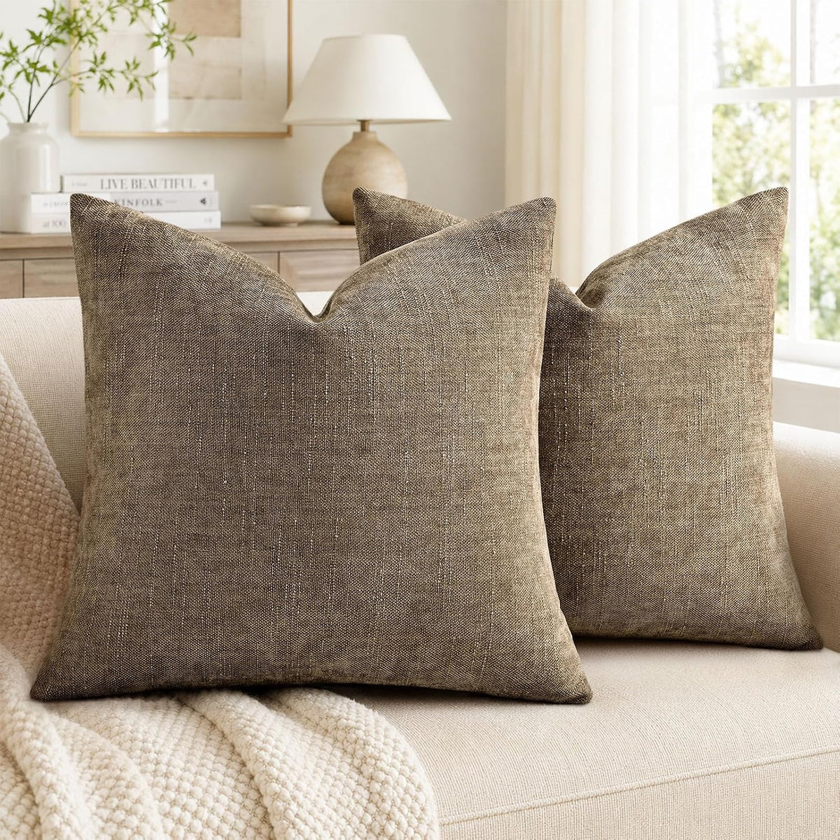 24"L x 24"W chenille throw pillow accessories in Light Taupe