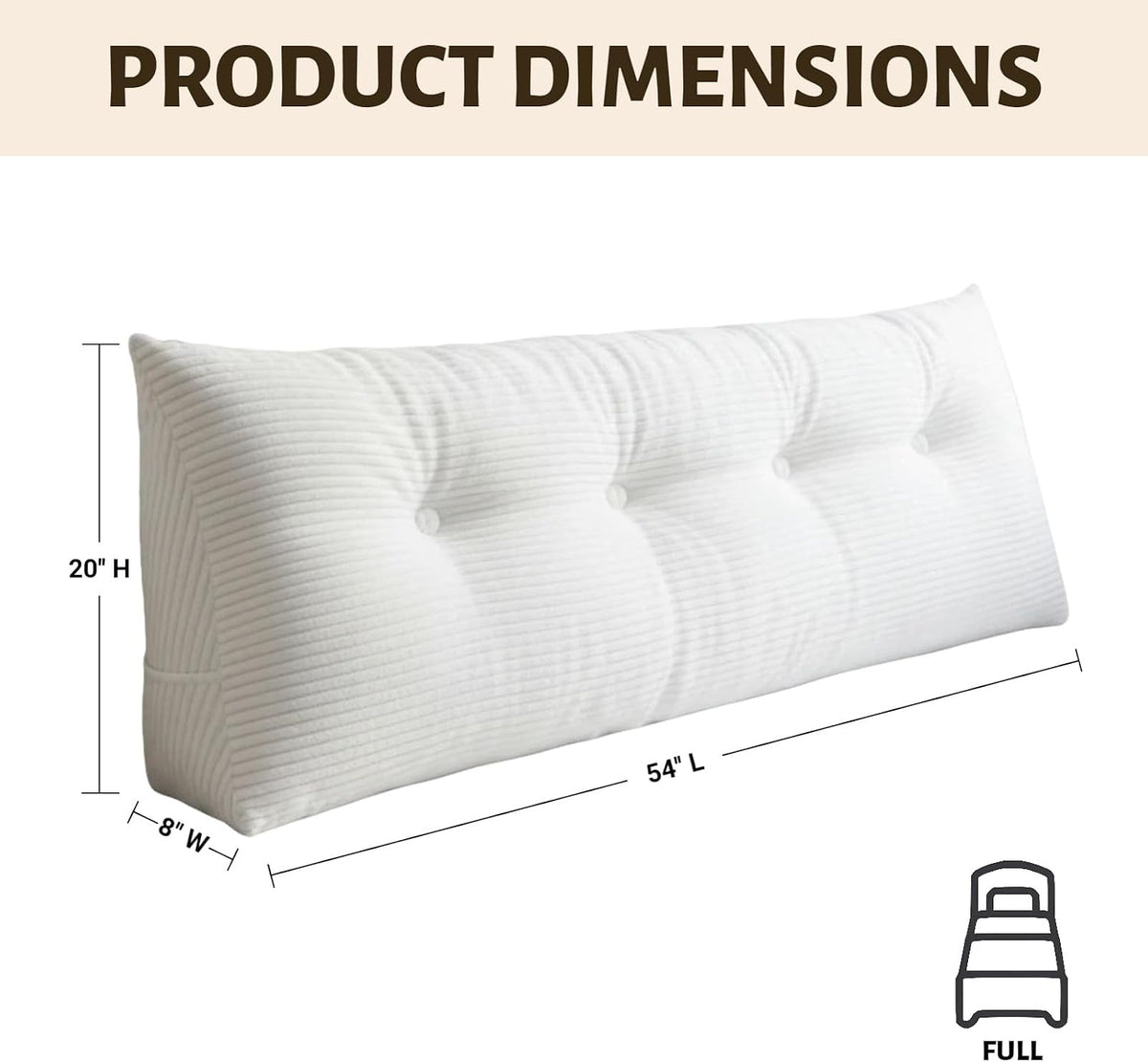 Full (54x20x8 Inches) polyester backrest pillows in White, alternate view 2