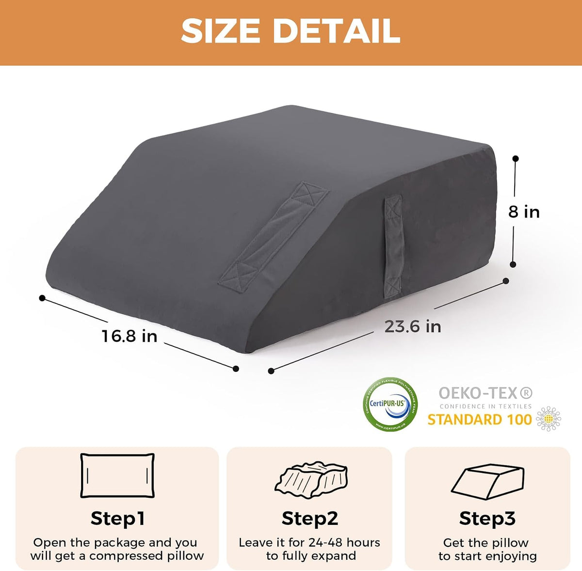 23.6*16.8*8 Inch foam wedge pillows in Velvet Grey, alternate view 3