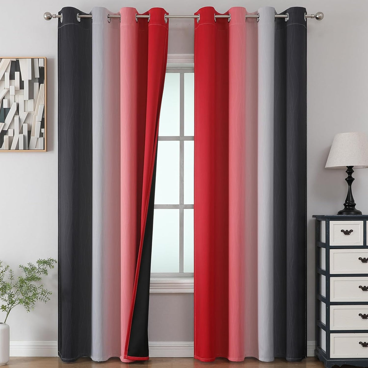 102"L x 52"W polyester curtains in Black and Red