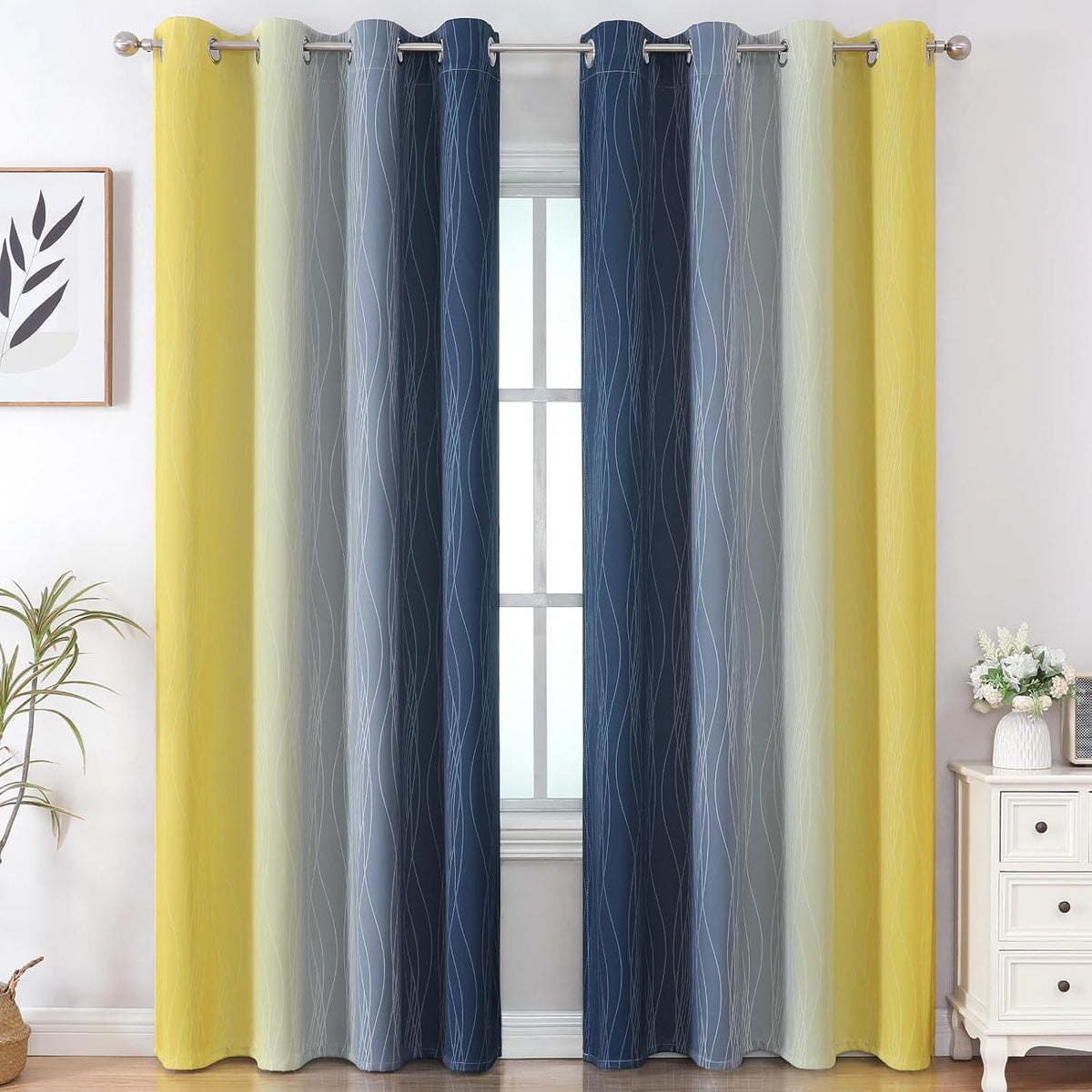 102"L x 52"W polyester curtains in Navy Blue and Yellow, alternate view 2