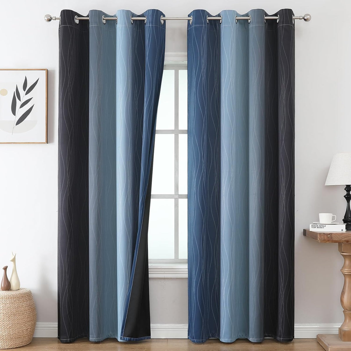 108"L x 52"W polyester curtains in Black and Navy Blue