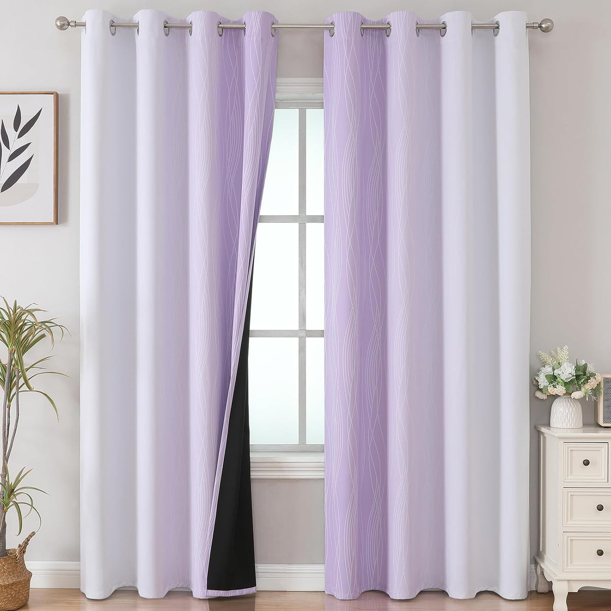 108"L x 52"W polyester curtains in Lilac and Greyish White, alternate view 2