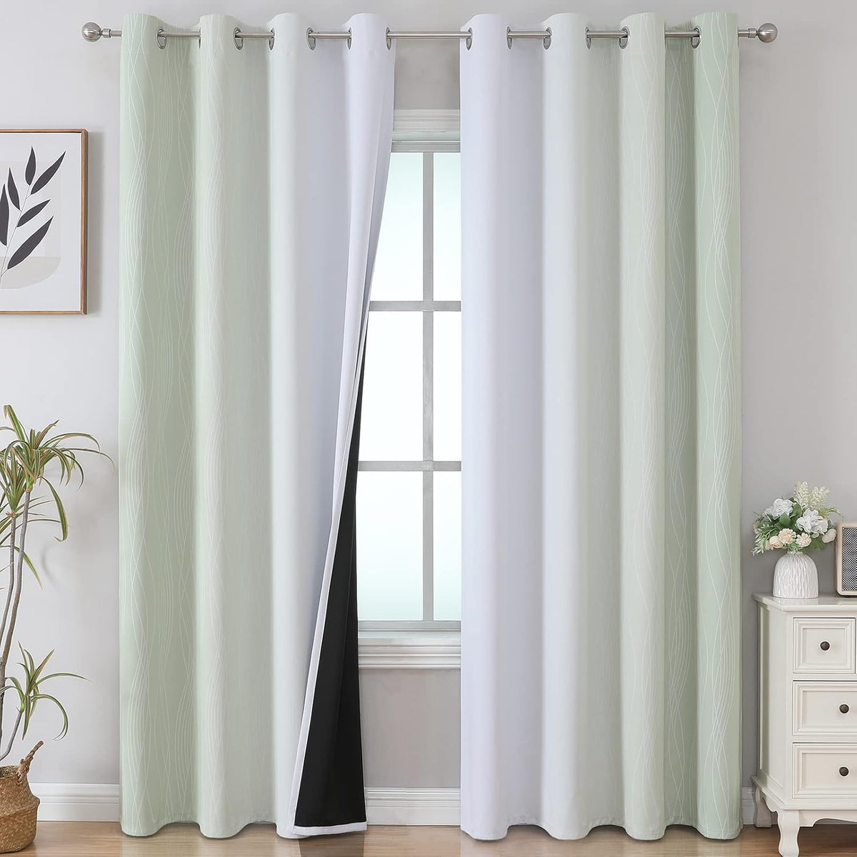 108"L x 52"W polyester curtains in Sage and Greyish White