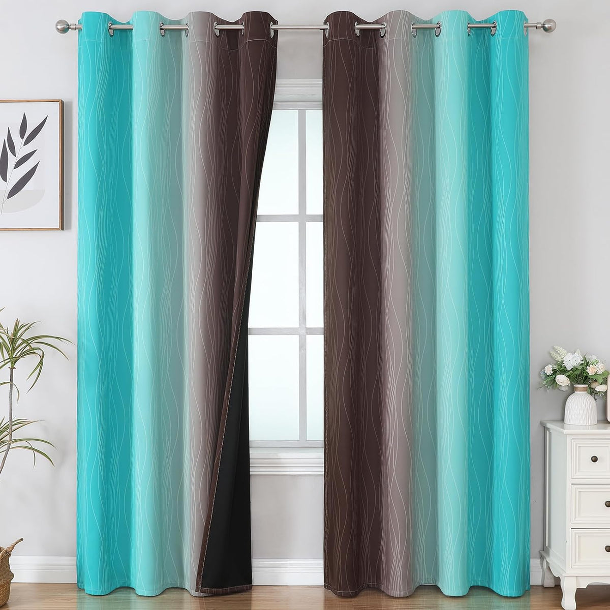 108"L x 52"W polyester curtains in Teal and Brown, alternate view 2