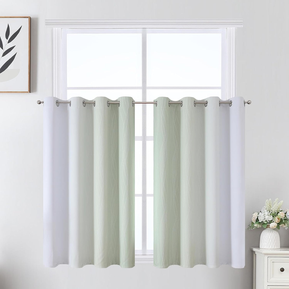36"L x 52"W polyester curtains in Sage and Greyish White, alternate view 2