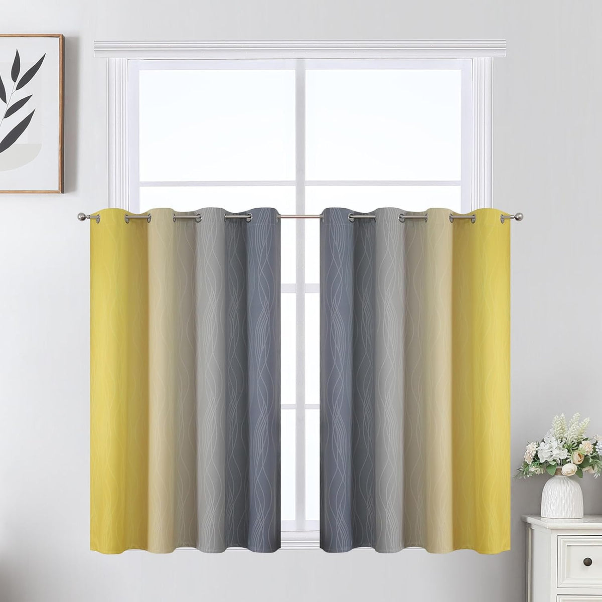 36"L x 52"W polyester curtains in Yellow and Grey