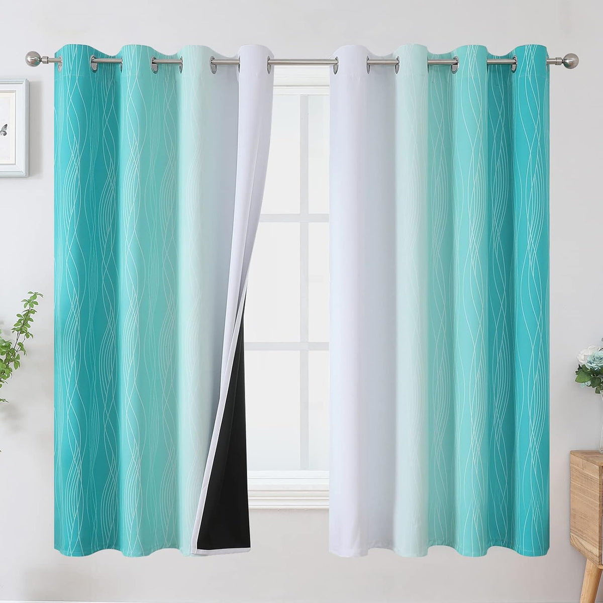 63"L x 52"W polyester curtains in Teal and Greyish White