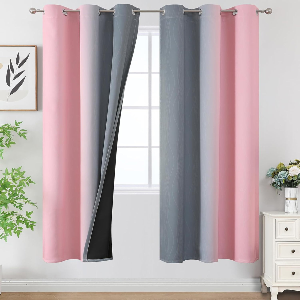 72"L x 42"W polyester curtains in Grey and Pink