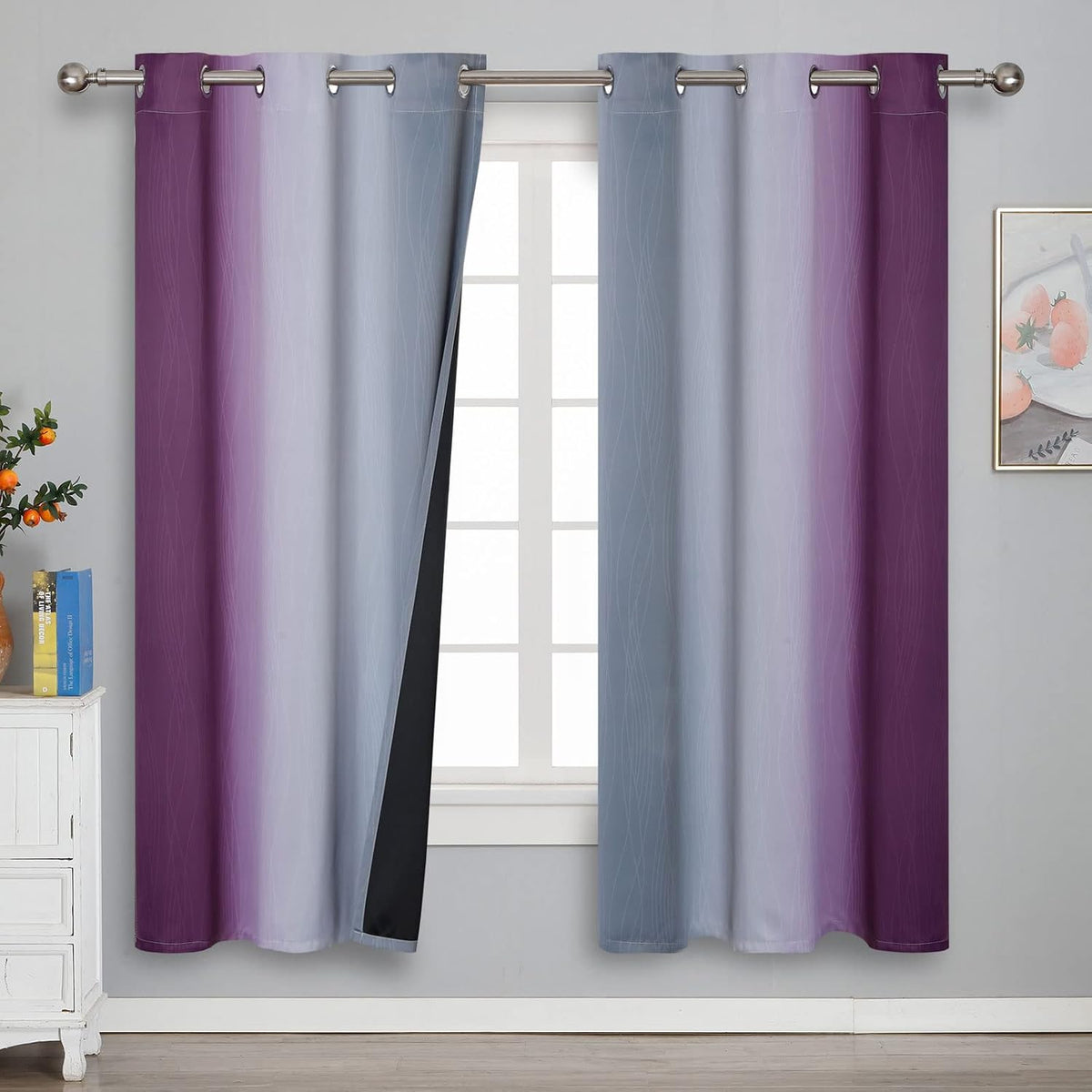 72"L x 42"W polyester curtains in Purple and Grey