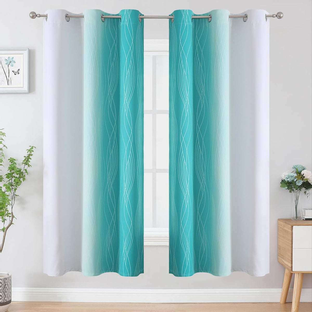 72"L x 42"W polyester curtains in Teal and Greyish White, alternate view 2