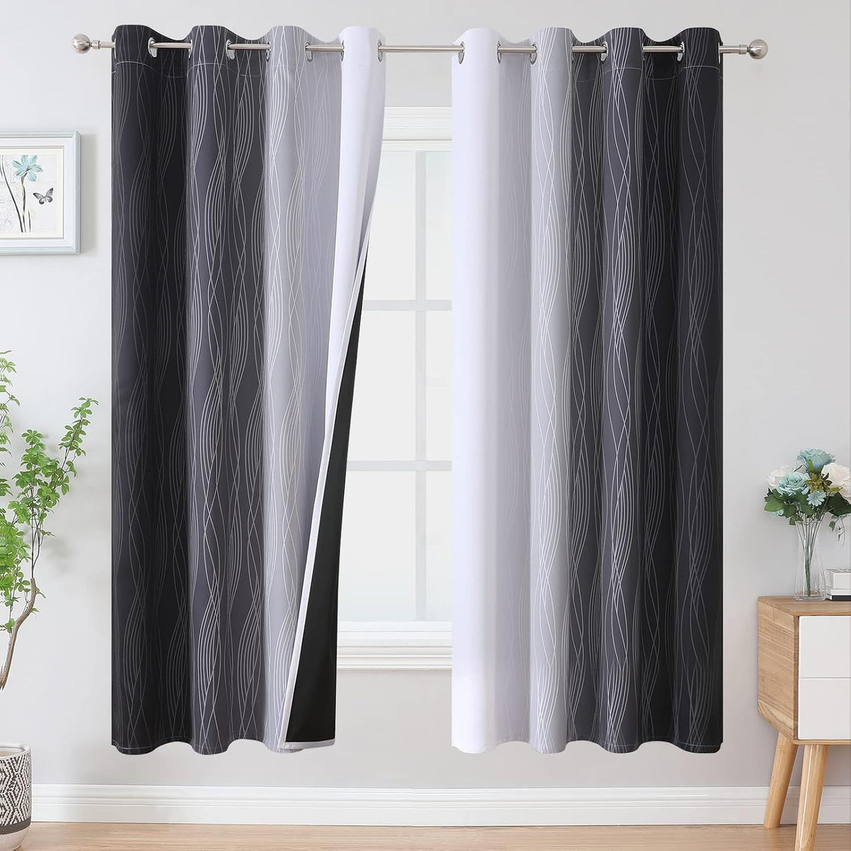72"L x 52"W polyester curtains in Greyish White and Black