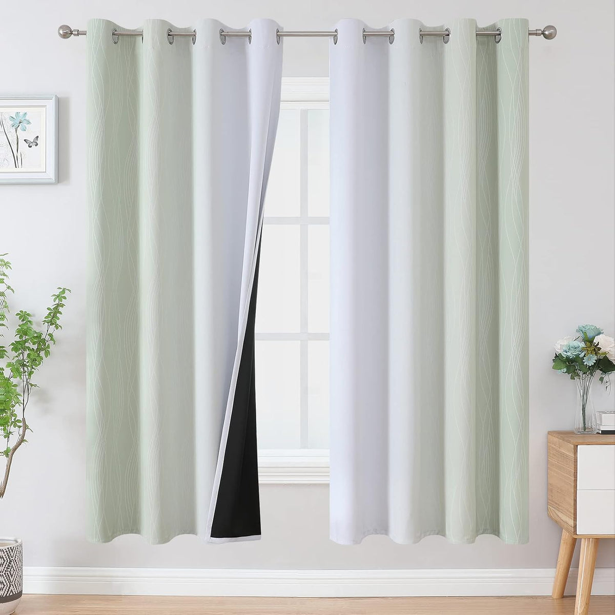 72"L x 52"W polyester curtains in Sage and Greyish White