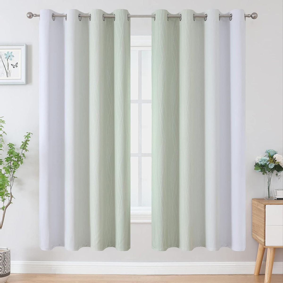72"L x 52"W polyester curtains in Sage and Greyish White, alternate view 2