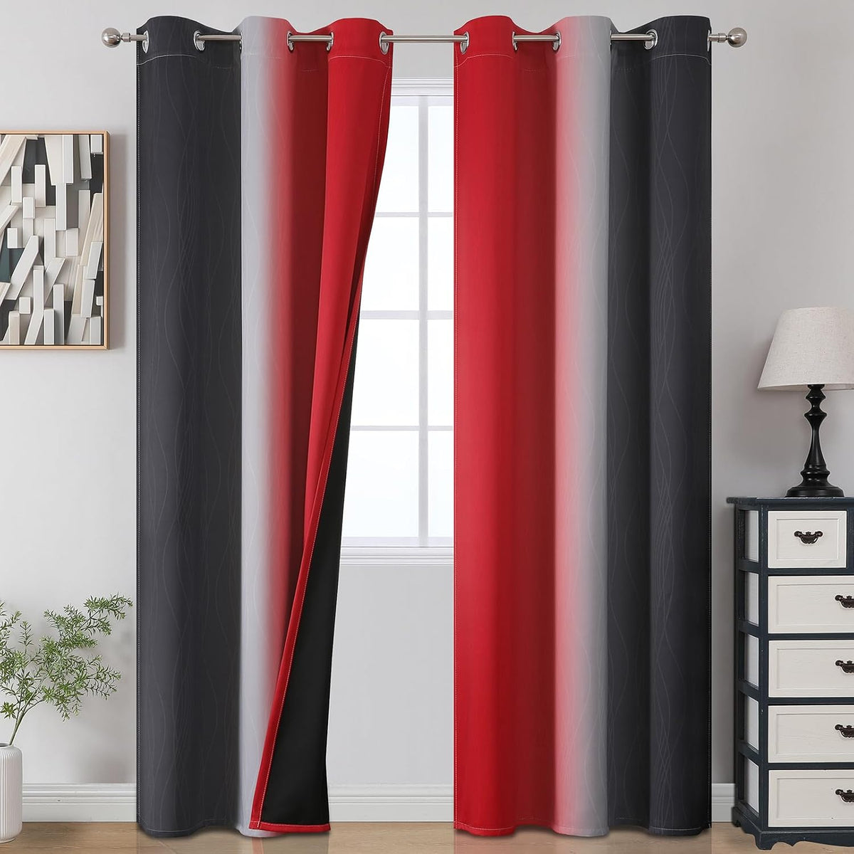 84"L x 42"W polyester curtains in Black and Red