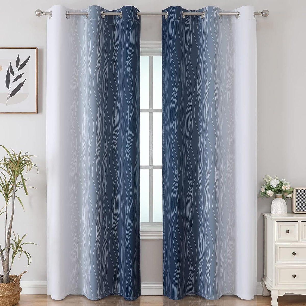 84"L x 42"W polyester curtains in Navy Blue and Greyish White, alternate view 2