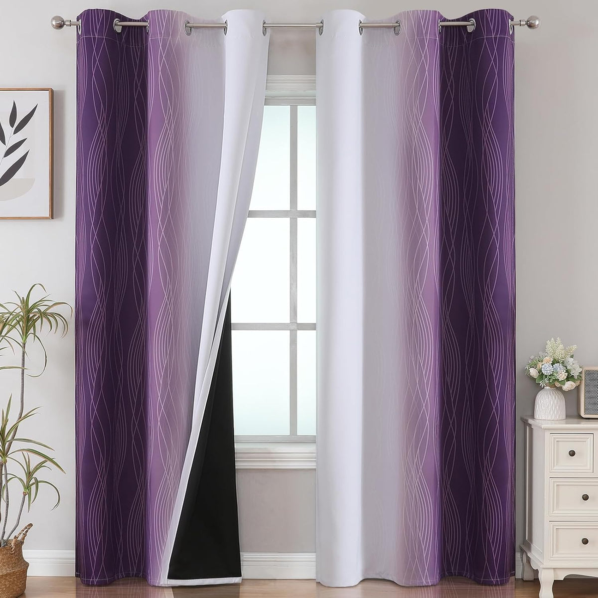 84"L x 42"W polyester curtains in Purple and Greyish White