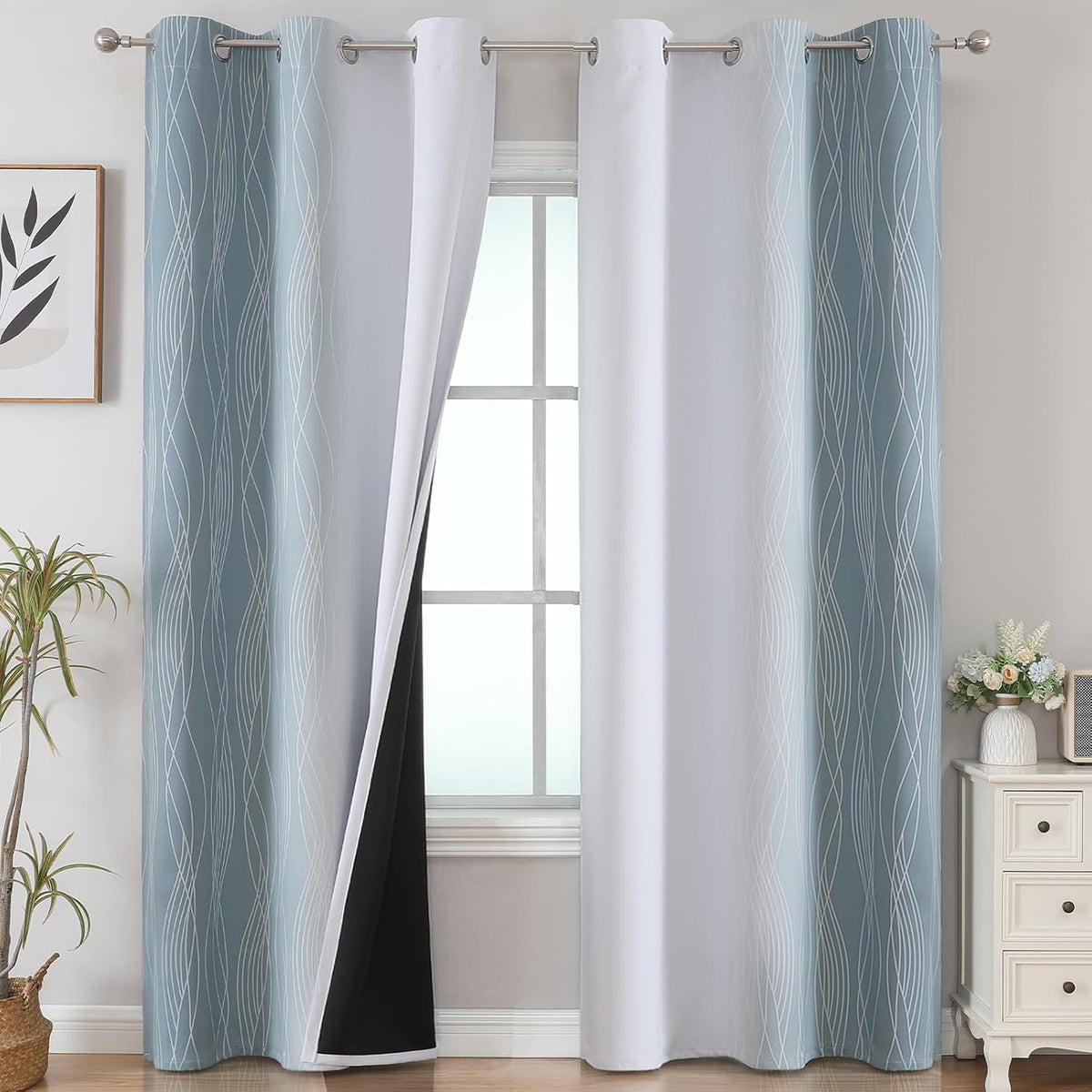 84"L x 42"W polyester curtains in Stone Blue and Greyish White