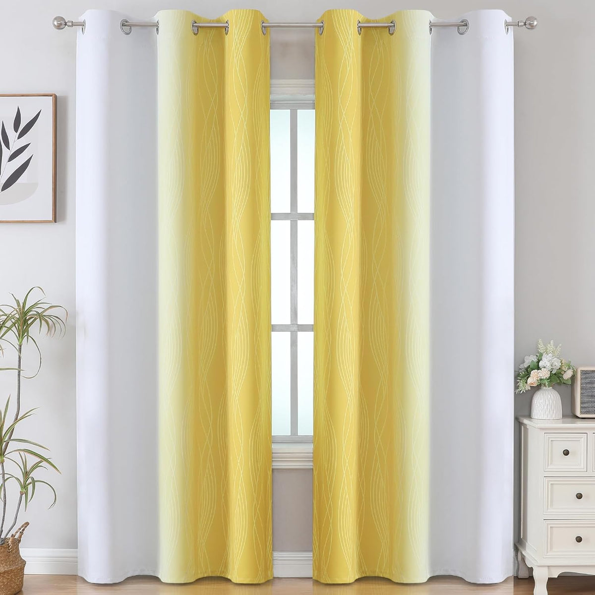 84"L x 42"W polyester curtains in Yellow and Greyish White, alternate view 2