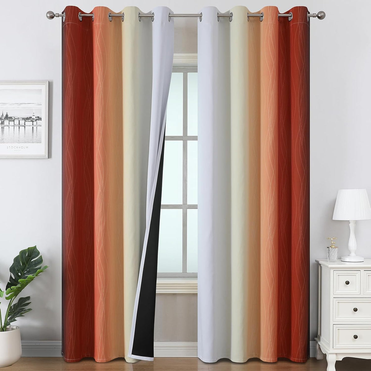 96"L x 52"W polyester curtains in Burnt Orange and Greyish White