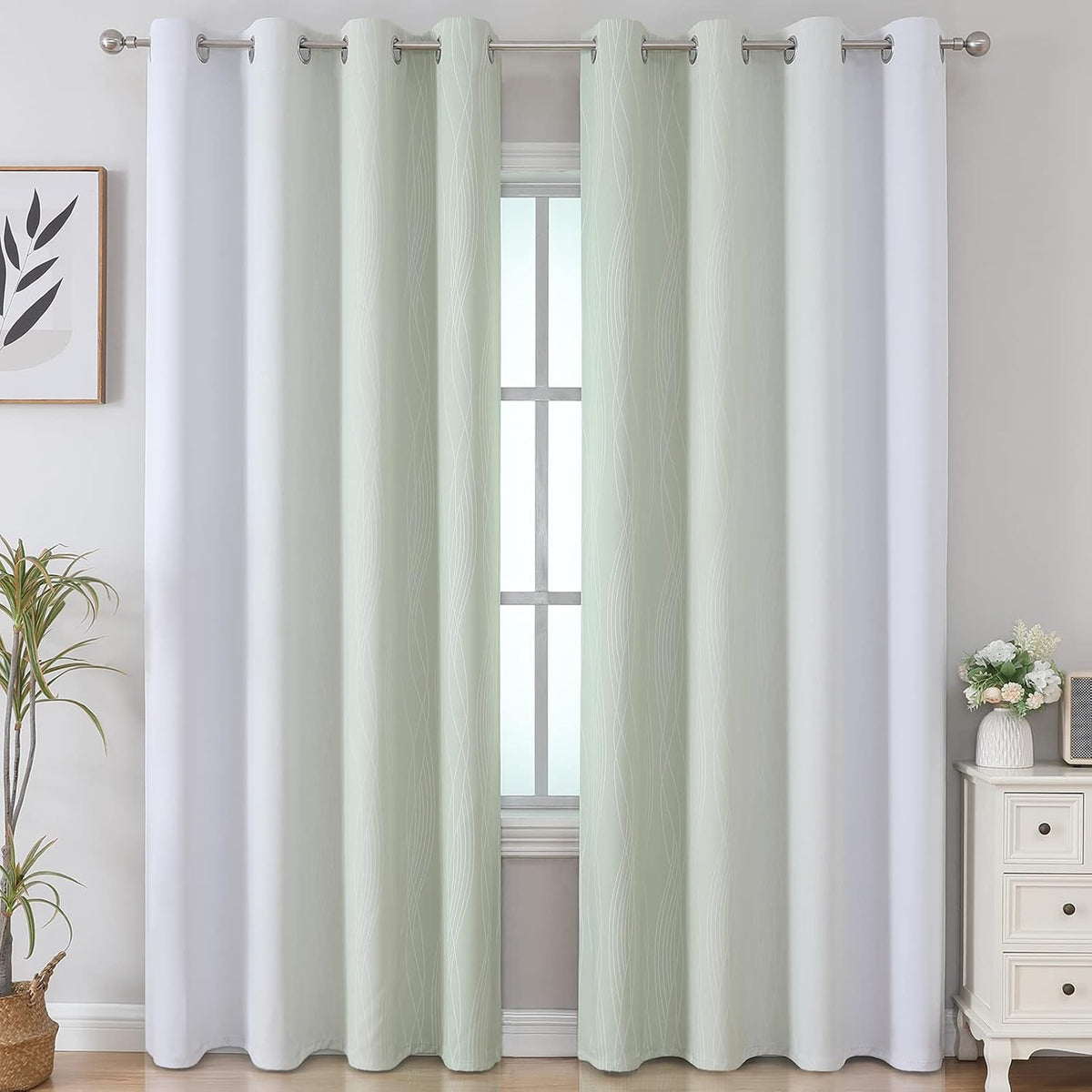 96"L x 52"W polyester curtains in Sage and Greyish White, alternate view 2