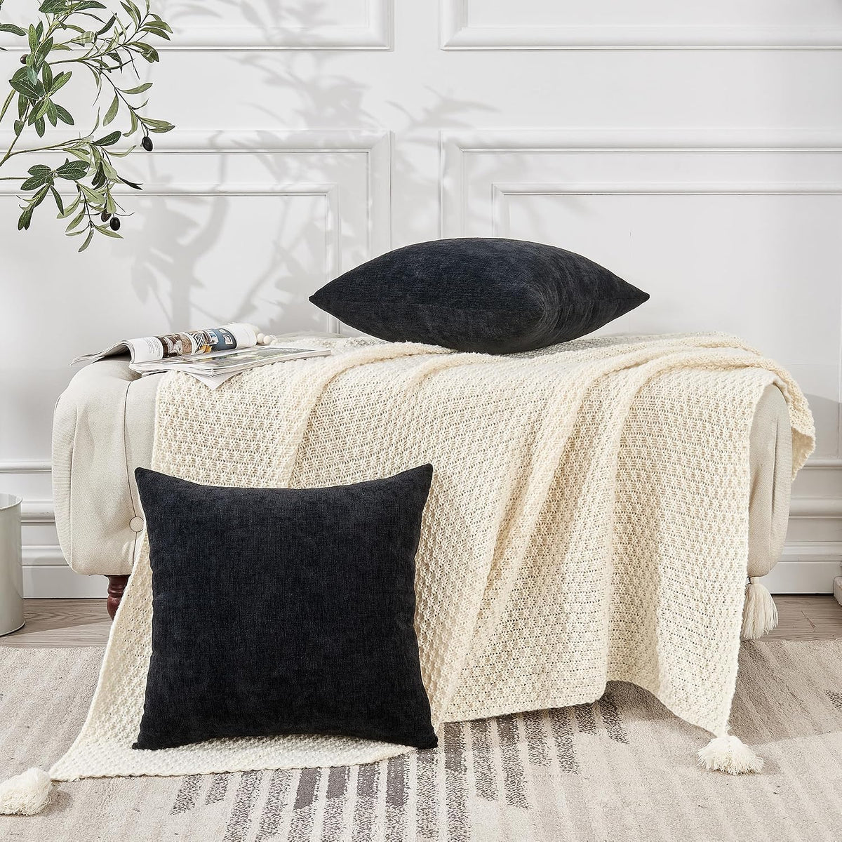 24"L x 24"W chenille throw pillow accessories in Black, alternate view 6