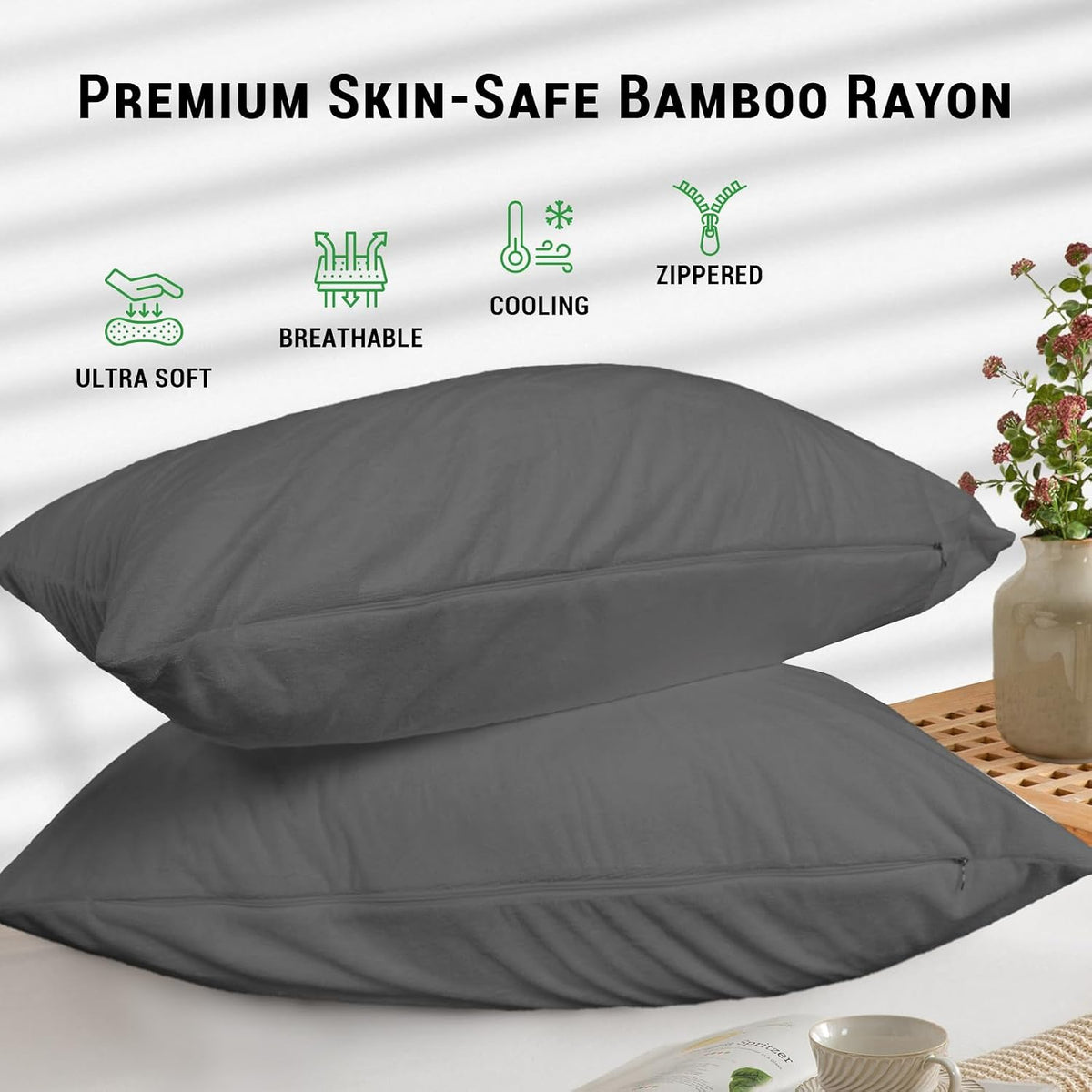 King - 2pcs bamboo viscose pillowcases in Gray, alternate view 7