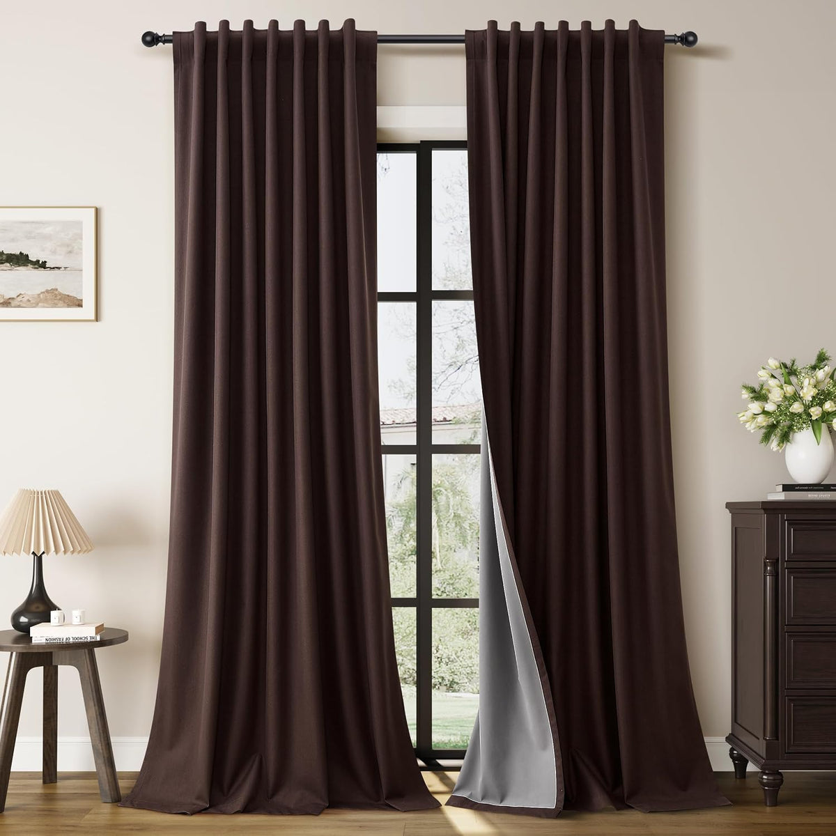 120"L x 52"W fabric curtains in Coffee