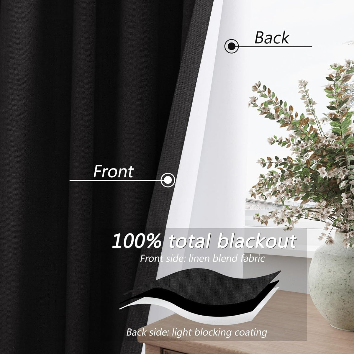 90"L x 52"W linen curtains in Black Linen, alternate view 3